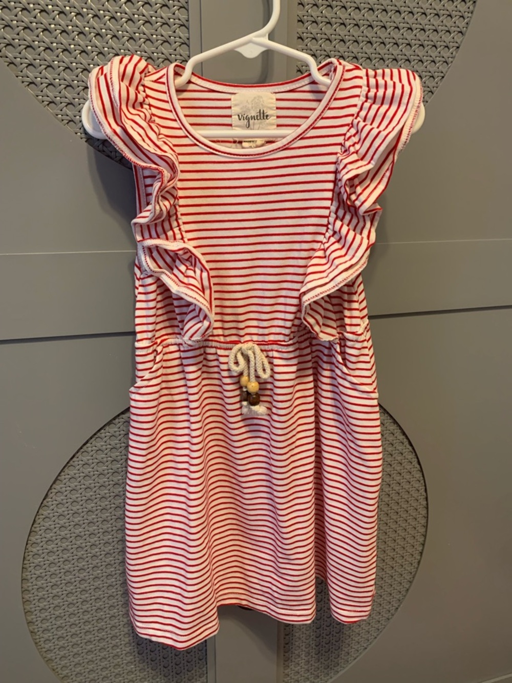 Vignette Red Striped Ruffle-Shoulder Kids Dress